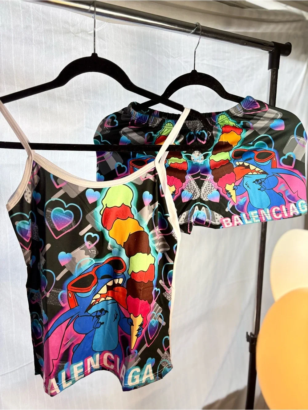 Balenciaga Black Multicolor Cartoon Print Tank & Shorts Set